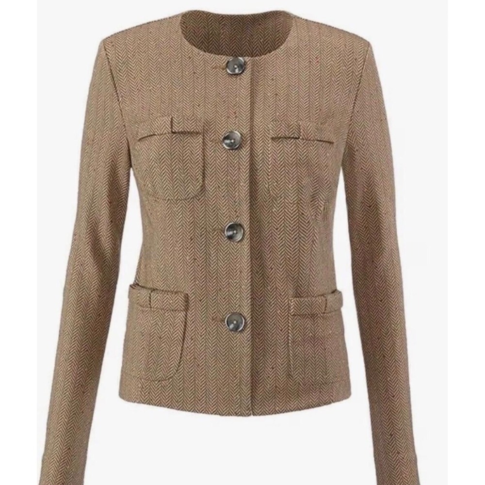 Cabi Heritage Blazer 3170 Tan Herringbone Confetti Button Front Jacket Womens M